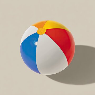 Colorful inflated beach ball casting shadow on sand-colored surface, high-angle view