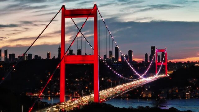 4K drone video of a breathtaking city view, the Bosphorus, and the Fatih Sultan Mehmet Bridge in Istanbul, Turkiye.