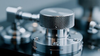 Fototapeta premium Precision silver metallic round knurled control knob on industrial equipment for scientific applications