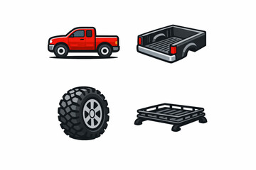 Black and white illustration set of monster truck parts and vehicles © Alomgir