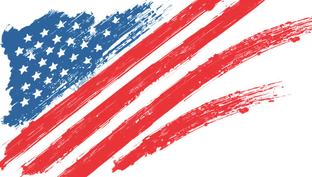 American Flag painted in a distressed, brushstroke style with red and blue hues against a white background, symbolizing patriotism and freedom