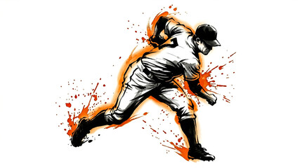 Ink wash painting of a baseball pitcher throwing a ball with orange ink splashes