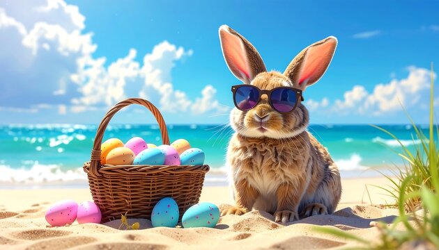 Cute brown rabbit wearing sunglasses on sandy beach with colorful easter eggs ocean
