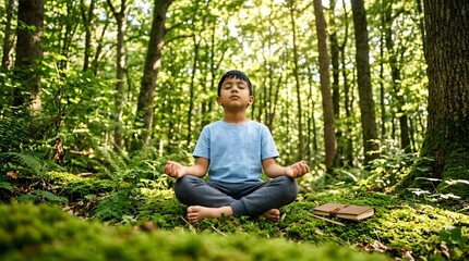 Obraz premium Little boy meditating in lotus position on mossy ground in green forest for mindfulness