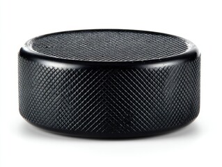 Black hockey puck with a textured surface against a clean white background