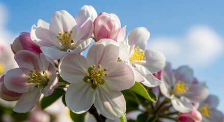 Fototapeta premium Delicate apple blossoms against a vibrant blue sky backdrop.