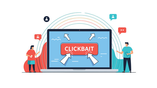 Clickbait warning on a laptop screen with arrows pointing to a red button for internet safety and marketing awareness.