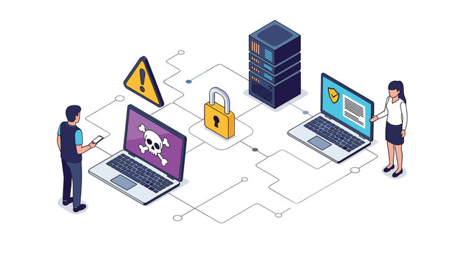 Cyber security isometric illustration with laptops and skull icon for hacking threats and network protection concepts.