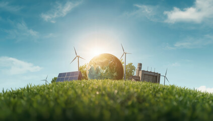 Naklejka premium Green earth with solar panels wind turbine and factory skyline inspiring environmental awareness