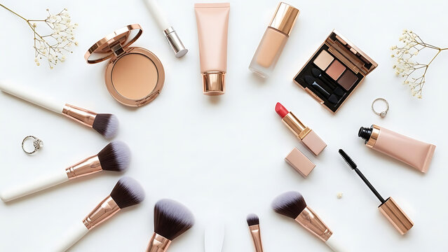 Beauty makeup flat lay with cosmetic products brushes and accessories isolated on white background skincare and fashion beauty concept