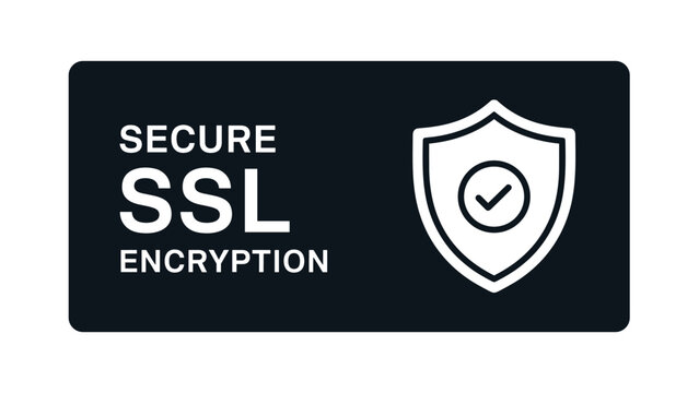 Secure SSL encryption badge featuring a white shield with a check mark on a dark navy rectangular background.