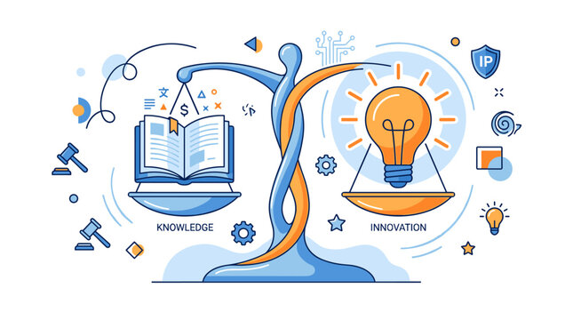 Knowledge Innovation Balance Scale weighing ideas, Intellectual Property education business tech solutions. Flat line vector illustration, blue orange colors, isolated white background.