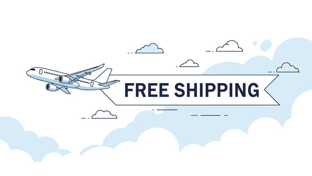 Free shipping delivery service banner being towed by an airplane flying through the clouds for e-commerce logistics and global transport.