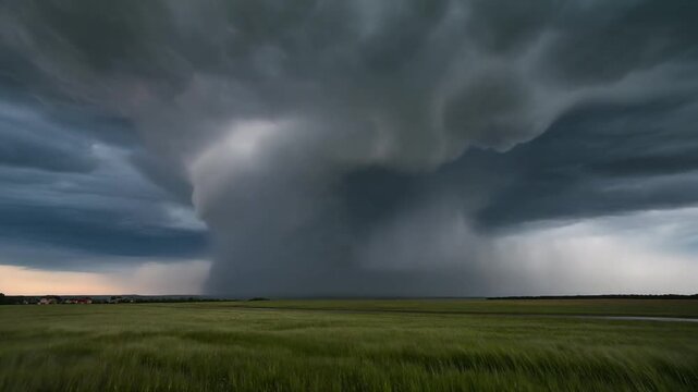Powerful Supercell Thunderstorm with Visible Lightning Over Field