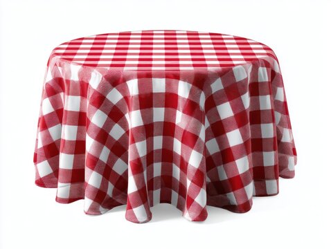 A round table covered with a red and white checkered cloth for festive occasions