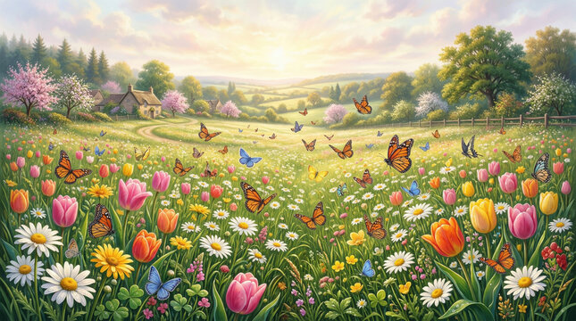 Vibrant spring field with daisies tulips butterflies and wildflowers in a serene landscape with trees and a cloudy sky at sunset