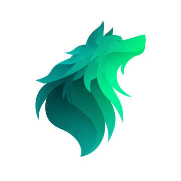 Green wolf head logo, gradient design, isolated on a transparent background