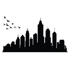 Obraz premium Silhouette of Modern City Skyline with Birds Flying over Skyscrapers vector Art