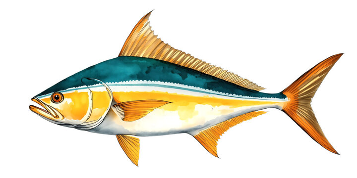 Watercolor art painting colorful Yellowtail amberjack fish seafood ,watercolor illustration artwork,  paintings,isolated PNG on transparent background.
