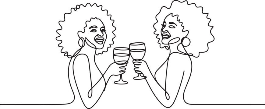 Girls drinking alcohol continuous one line vector drawing. Hand drawn girlfriends with curly hair. Happy African Women hold wine glasses. Girl cocktail party.one line vector illustration 