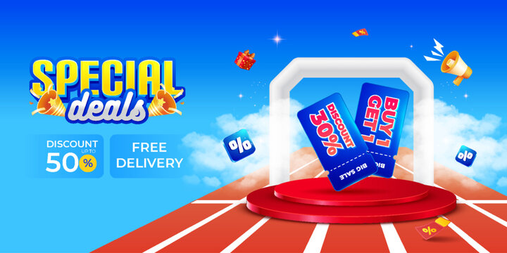 Vibrant special deals banner with discount offers and gift