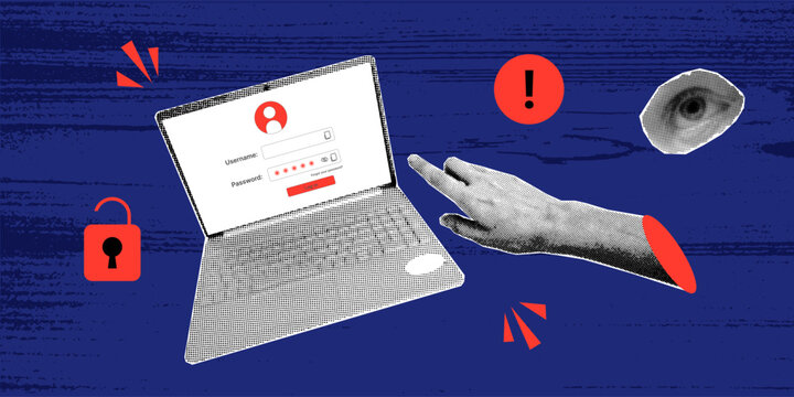 Trendy cyber attack desktop concept with laptop screen and password error warning symbol in retro halftone collage style. Contemporary hacking security breach vector illustration