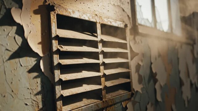 Weathered metal vent cover with intricate textured slats on peeling wall