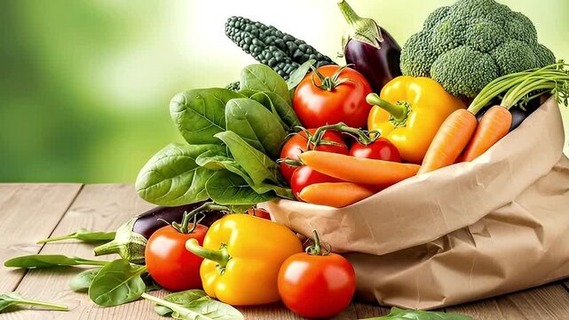 A vibrant assortment of freshly harvested vegetables spills from a sustainable brown paper bag, resting on a rustic wooden surface against a soft, naturally blurred green background. This colorful dis