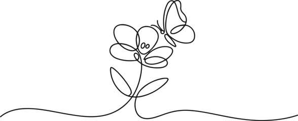 Fototapeta premium one line drawing flower with butterfly.one line vector illustration with out background