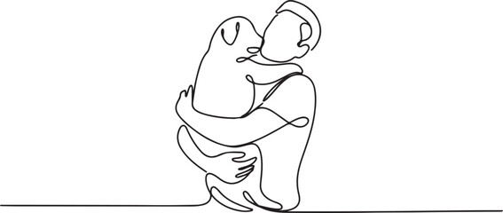 Fototapeta premium One continuous line drawing of someone is playing with their pet by hugging and carrying it as vector illustration.one line vector illustration with out background