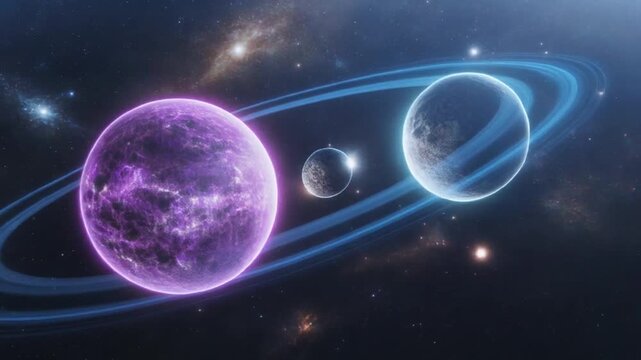 Cosmic planets with rings against a nebulous universe background