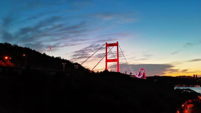 4K drone video of a breathtaking city view, the Bosphorus, and the Fatih Sultan Mehmet Bridge in Istanbul, Turkiye.