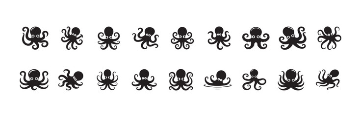 Collection of various cute octopus icons and simple sea creature silhouettes for design © FARJANAAKTER