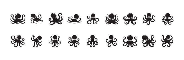 Collection of various cute octopus icons and simple sea creature silhouettes for design © FARJANAAKTER
