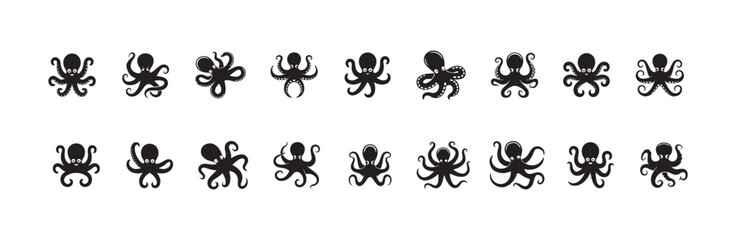 Collection of various cute octopus icons and simple sea creature silhouettes for design © FARJANAAKTER