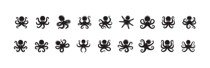 Collection of various cute octopus icons and simple sea creature silhouettes for design © FARJANAAKTER
