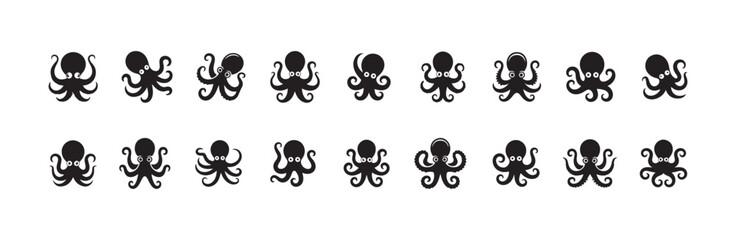 Set of various cute black octopus icons and symbols for ocean life design elements © FARJANAAKTER