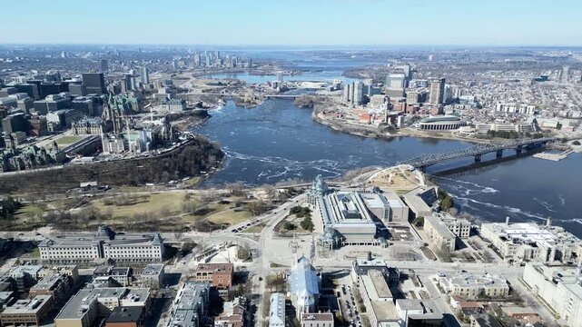 Aerial view of the capital Parliament under reconstruction, the skyline of downtown Ottawa..