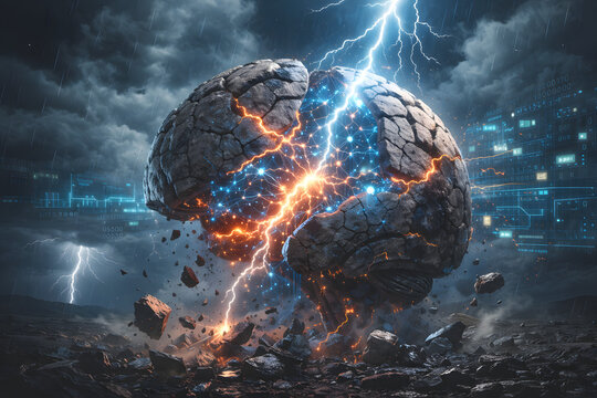 Artificial intelligence brain exploding with lightning and digital data, concept of mental power, innovative thinking and neurological breakthrough.
