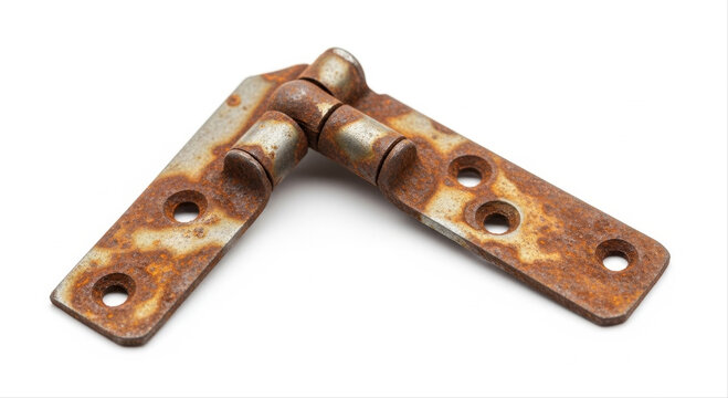 Rusty hinge with aged patina isolated on a clean white background, showcasing vintage industrial wear and texture