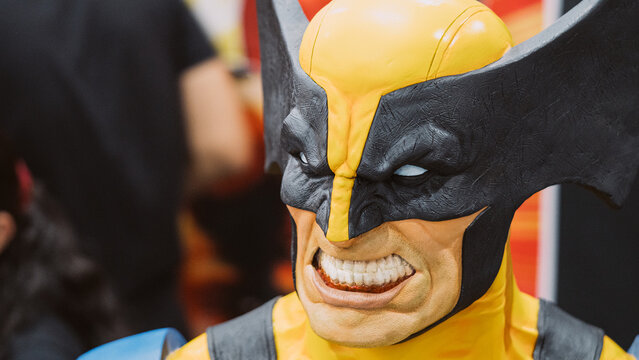 GUAYAQUIL, ECUADOR &ndash; AUG 06, 2023: Wolverine character from Marvel X-Men displayed as a collectible bust at a pop culture merchandise stand during a Comic Con event