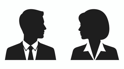 Fototapeta premium Male and female professional business silhouettes wearing formal suits facing each other on white background, symbolizing professional teamwork, symbolizing corporate communication
