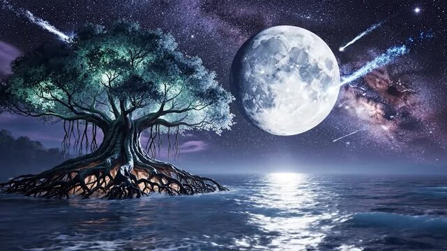 Ancient tree with glowing leaves stands in water under a full moon.