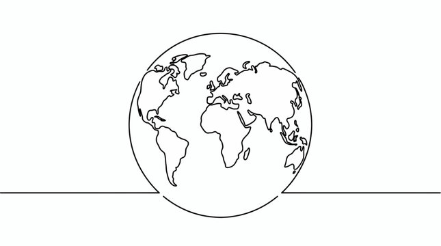 Minimalist one continuous line art drawing of planet earth globe world map atlas on isolated white background, symbolizing international connectivity or global sustainability awareness