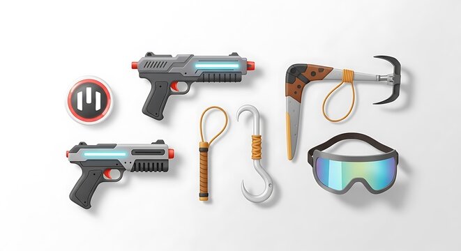 Set of sleek 3D rendered futuristic tools: two laser blasters, two grappling hooks, a lasso, a power button, and sci-fi goggles on white background.