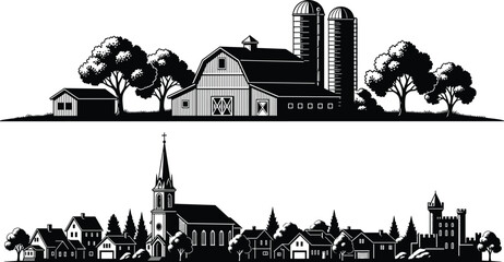 Obraz premium Vector silhouette of a rural farm with barn and silos, and a town skyline with church, houses, and castle,