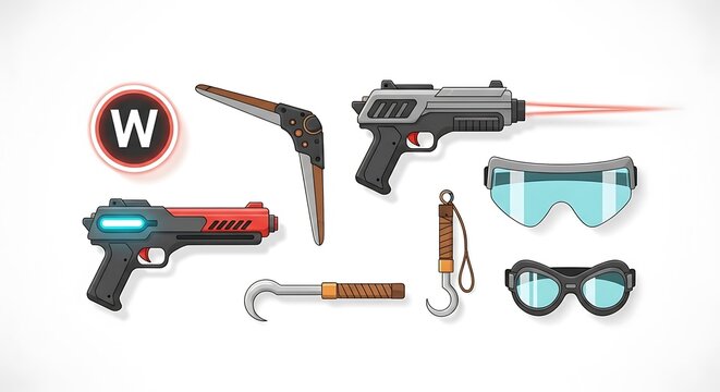 Vector illustration of a futuristic gear kit featuring laser guns, adventure hooks, and protective goggles, ideal for game assets, sci-fi concepts, and graphic design projects.