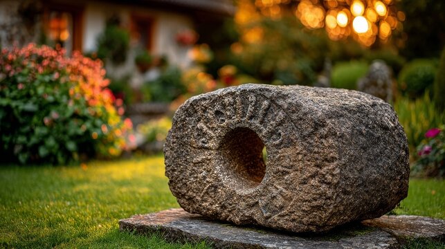 Sun‑lit millstones decorate a green garden wall as the golden hour approaches