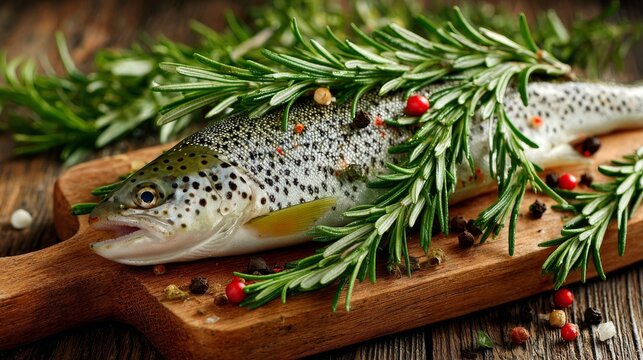 Freshwater trout, prepared with herbs and spices, sits on a rustic wooden board, awaiting to be cooked