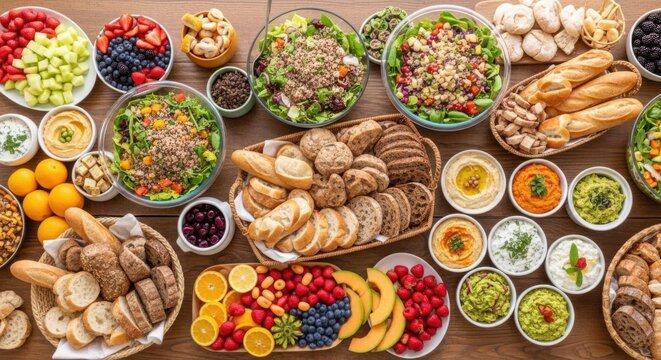Colorful brunch buffet with baskets of artisan breads, fresh fruits, salads, dips and toppings arranged across long table for vibrant communal weekend gathering

